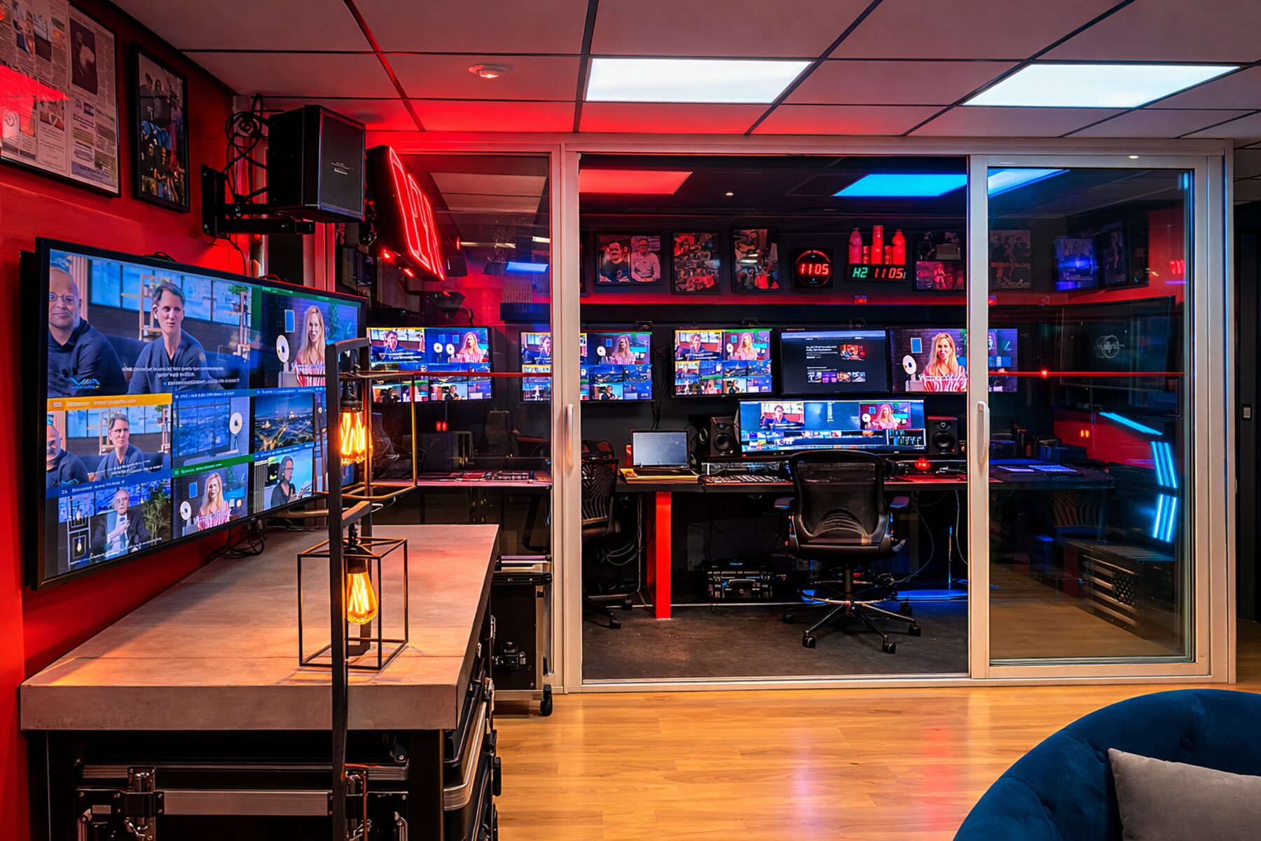 Régie broadcast des Studios de l'Astrolabe, écrans allumés et lumière rouge