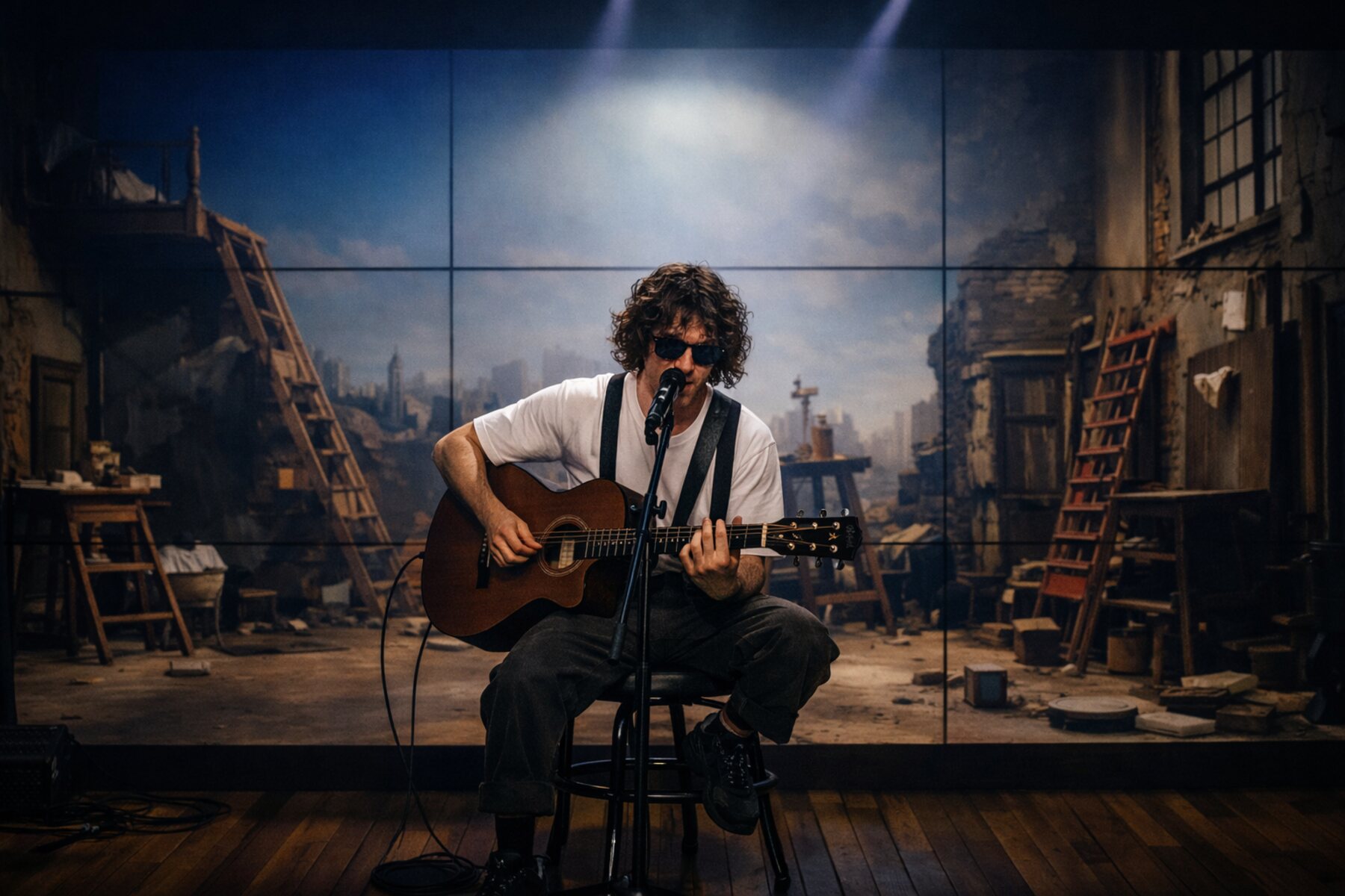 Artiste seul avec une guitare, en session, devant un mur d'image